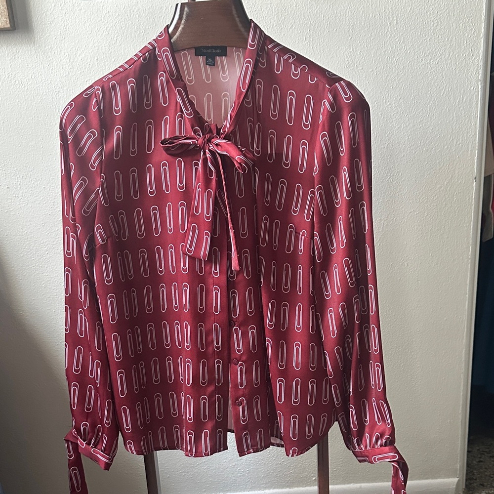 Modcloth Burgundy Patterned Blouse with Bow